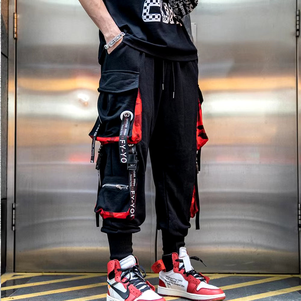Men'S Cargo Pants Casual Hip Hop Hit Color Multiple Pockets Trousers Streetwear Ribbons Techwear Sweatpants