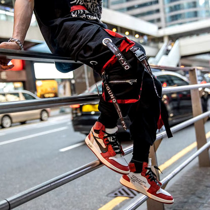 Men'S Cargo Pants Casual Hip Hop Hit Color Multiple Pockets Trousers Streetwear Ribbons Techwear Sweatpants