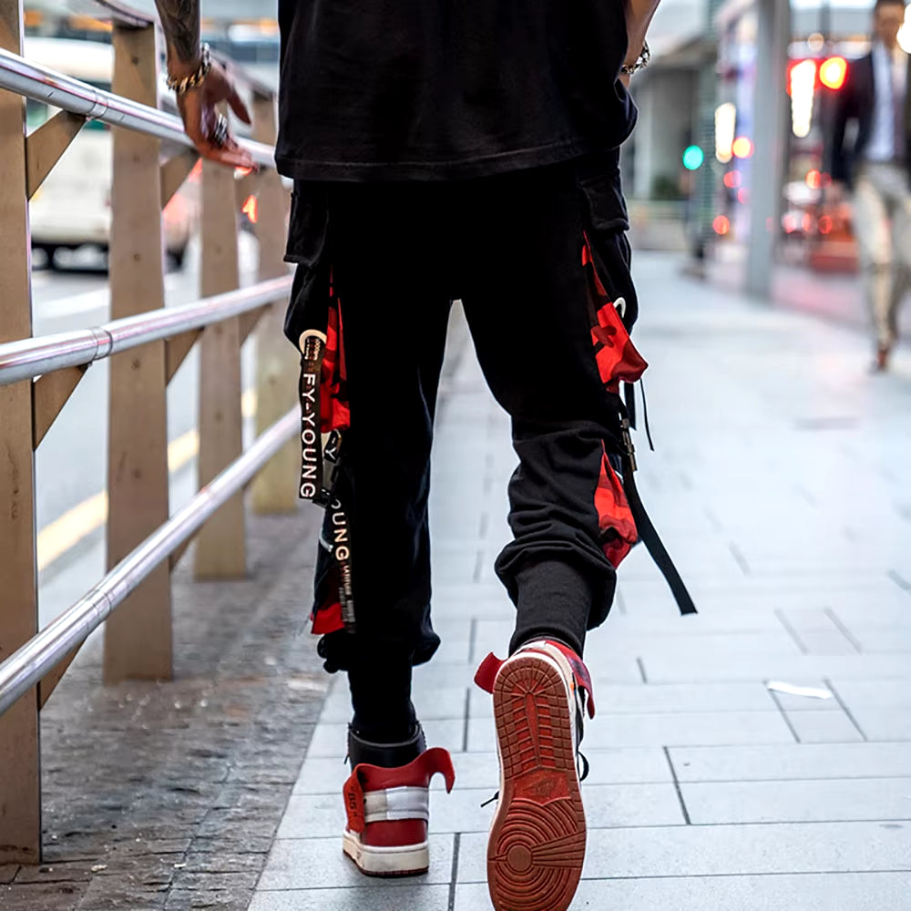 Men'S Cargo Pants Casual Hip Hop Hit Color Multiple Pockets Trousers Streetwear Ribbons Techwear Sweatpants