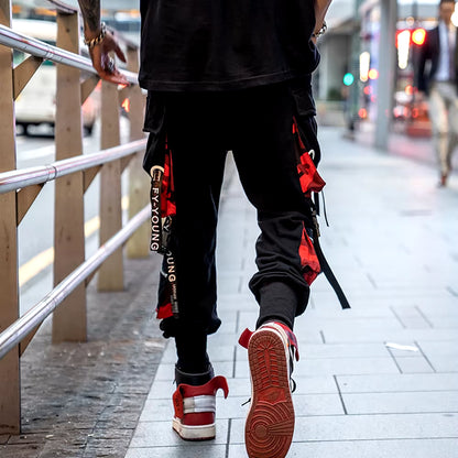 Men'S Cargo Pants Casual Hip Hop Hit Color Multiple Pockets Trousers Streetwear Ribbons Techwear Sweatpants
