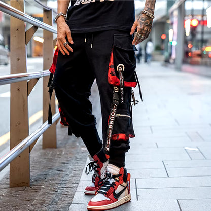 Men'S Cargo Pants Casual Hip Hop Hit Color Multiple Pockets Trousers Streetwear Ribbons Techwear Sweatpants