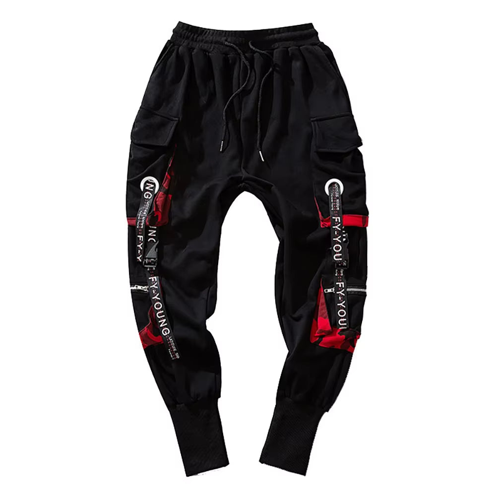 Men'S Cargo Pants Casual Hip Hop Hit Color Multiple Pockets Trousers Streetwear Ribbons Techwear Sweatpants